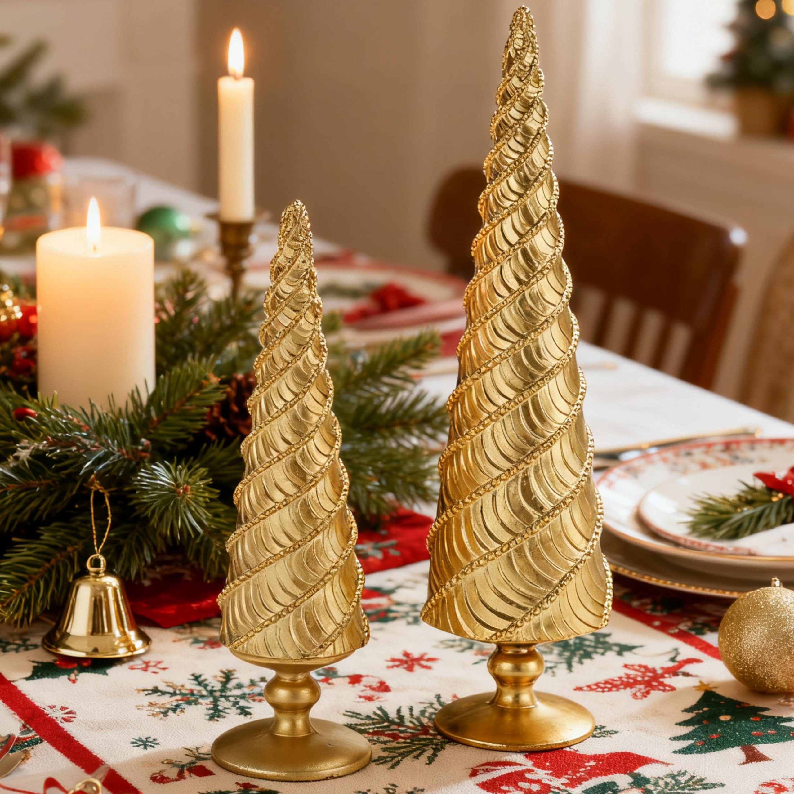 2Pcs Christmas Tree Figurines, Gold Resin Christmas Trees with Spiral Design, Small Decorative Ta... | Amazon (US)