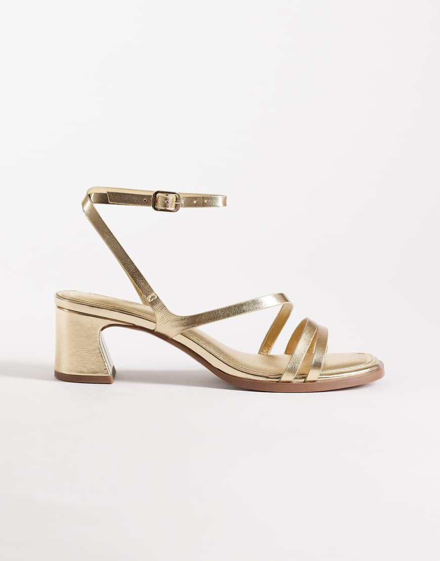 ASOS DESIGN Honeybee mid block heeled sandals in gold | ASOS (Global)