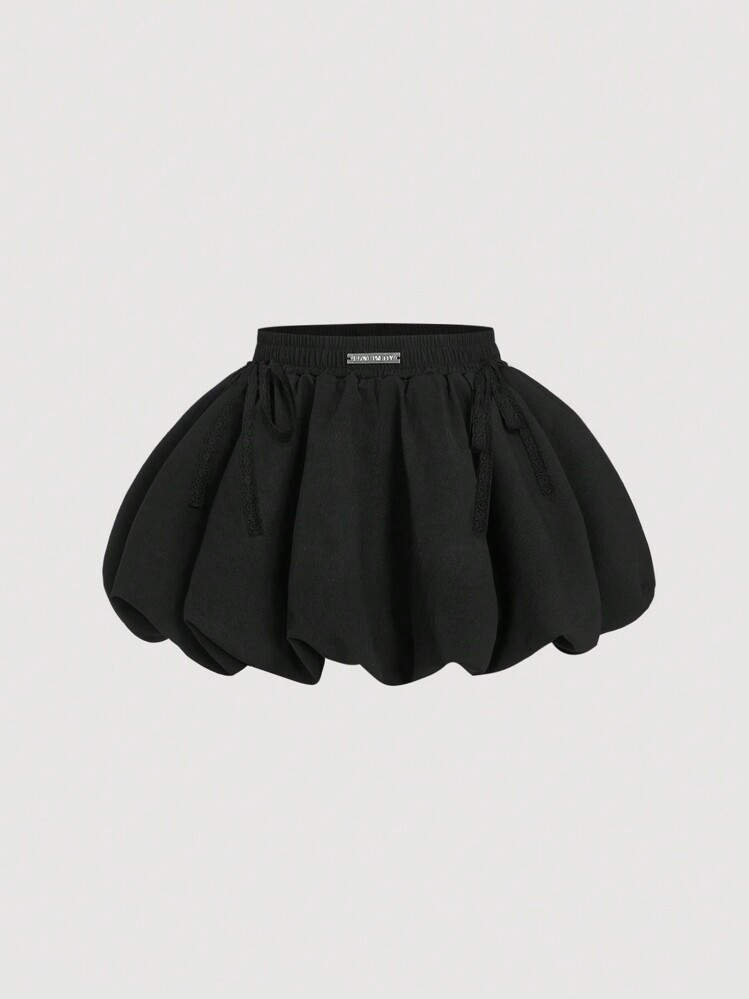 SHEIN MOD Black Bowknot Trim Floral Bubble Hem Skirt,Lined Pants, Low Waist,Date Night Outfits Women,Going Out Outfits,Bubble Skirt,Sexy Women Outfits,Y2k Skirt | SHEIN