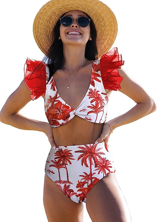 SPORLIKE Women Ruffle High Waist Swimsuit Two Pieces Push Up Tropical Print Bikini | Amazon (US)