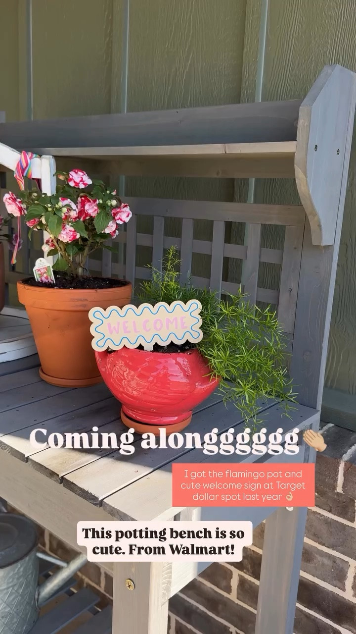 I got the flamingo pot and cute welcome sign at Target dollar spot last year 👌🏼 This potting bench is so cute. From Walmart!  Coming alongggggg👏🏼