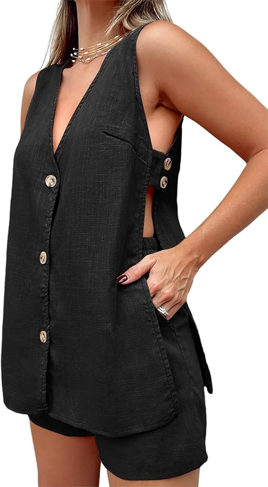 Tankaneo Womens Summer Two Piece Outfits Casual Shorts Set Sleeveless V Neck Button Down Tank Top... | Amazon (US)