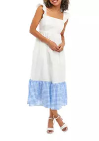 Women's Ruffle Shoulder Gingham Accent Midi Dress | Belk
