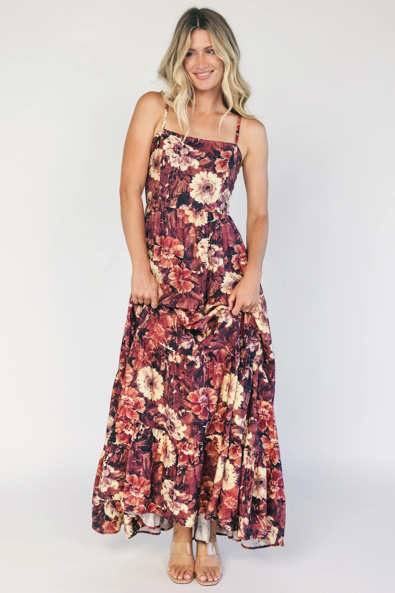 Silvia Tiered Maxi Dress | Deep Berry Floral | Baltic Born