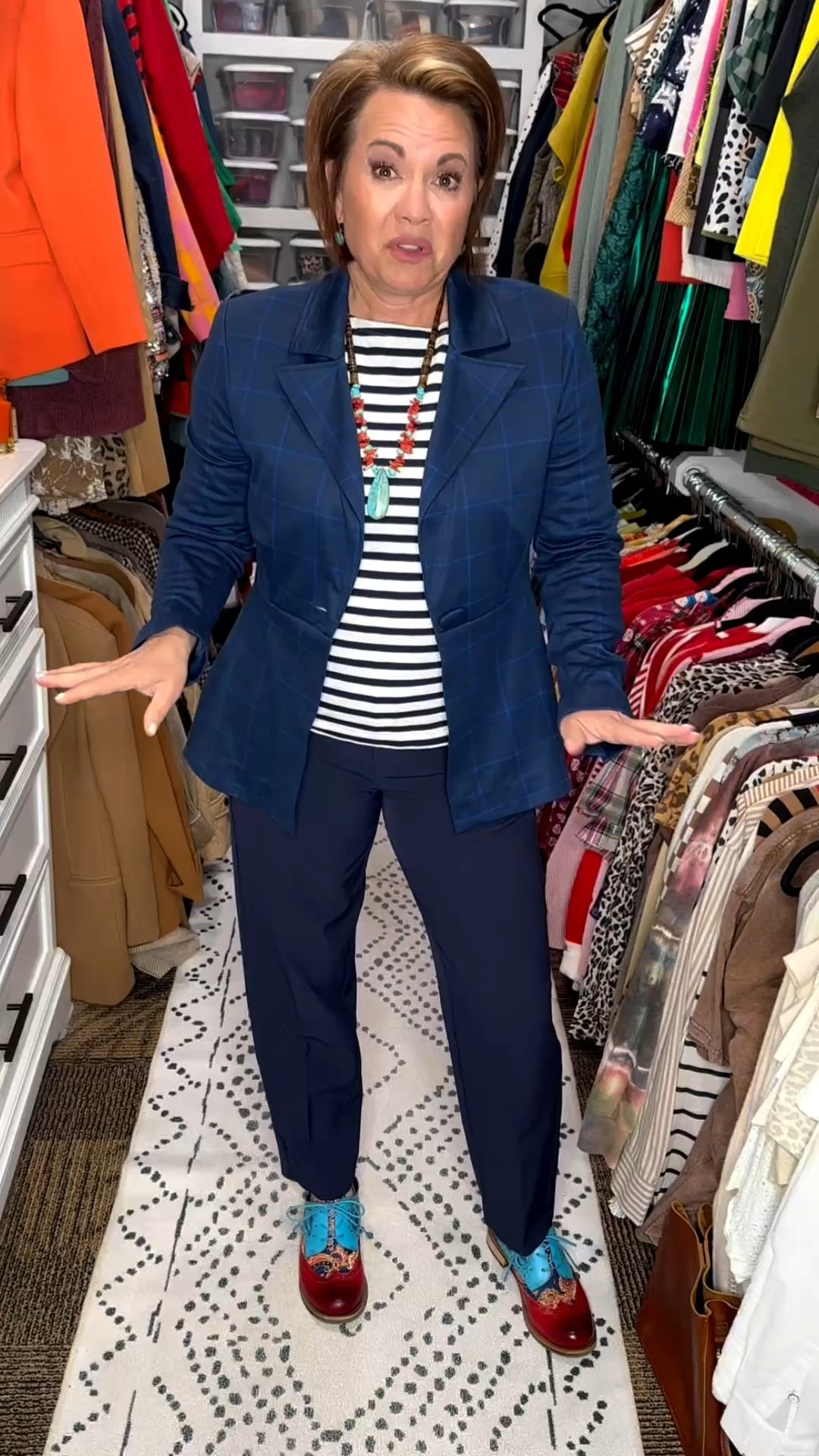 Classic Stripe Top Outfit | Casual Chic Everyday Style with Sneakers
This is one of those classic outfits that never goes out of style. A striped shirt outfit for women is a timeless wardrobe staple, and paired with tailored black pants, it creates an effortlessly polished yet comfortable everyday look. This outfit is perfect for casual workdays, travel outfits, lunch dates, or running errands while still looking put together.
I layered the striped top with a structured blazer‑style jacket to add instant polish and versatility. The look is finished with comfortable lace‑up shoes that feel elevated but still practical for all‑day wear, plus a designer‑inspired crossbody bag with a statement strap for a pop of interest and hands‑free convenience.
This outfit is a perfect example of smart casual style for women, blending classic fashion staples with modern accessories. If you’re looking for over 40 outfit inspiration, casual work outfits, capsule wardrobe ideas, or comfortable everyday outfits with pants, this is an easy go‑to you can wear on repeat.
A striped top truly works year‑round, making this outfit ideal for spring outfits, fall layering looks, travel outfits, and transitional season style. 

#LTKootd #LTKgrwm #LTKmorningroutine