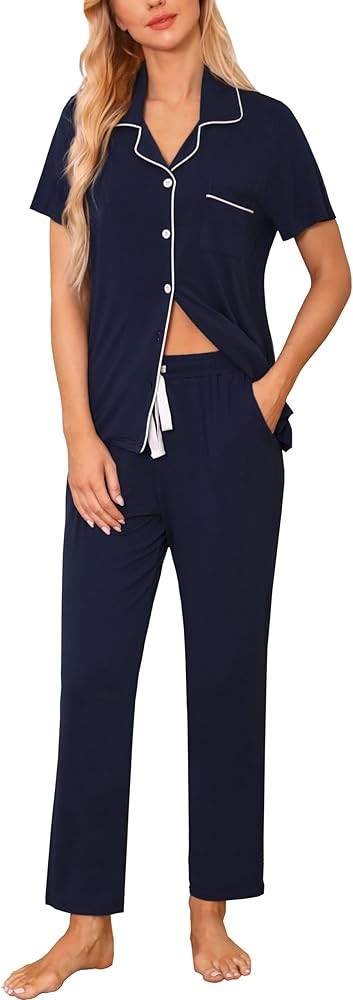 Samring Women's Short Sleeve Shirt and Pajama Pant Pj Set Button Down Sleepwear 2 Piece Sleep Set... | Amazon (US)