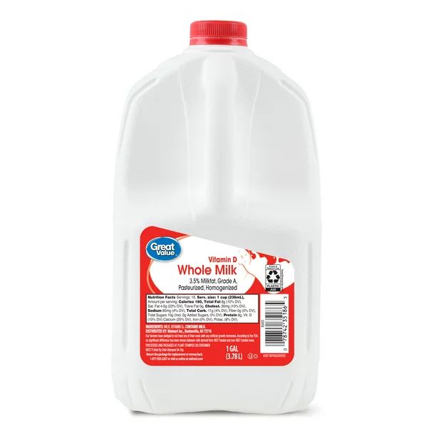 Great Value Whole Vitamin D Milk, Gallon, 128 fl oz | Walmart (US)