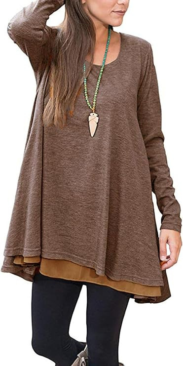 Poetsky Women's Long Sleeve Solid Color Tunic Tops Layered Casual Loose Blouse Shirts | Amazon (US)