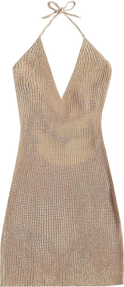 MakeMeChic Women's Sleeveless Halter Tie Back Knitted Swim Beach Cover Up Dress Apricot L | Amazon (US)