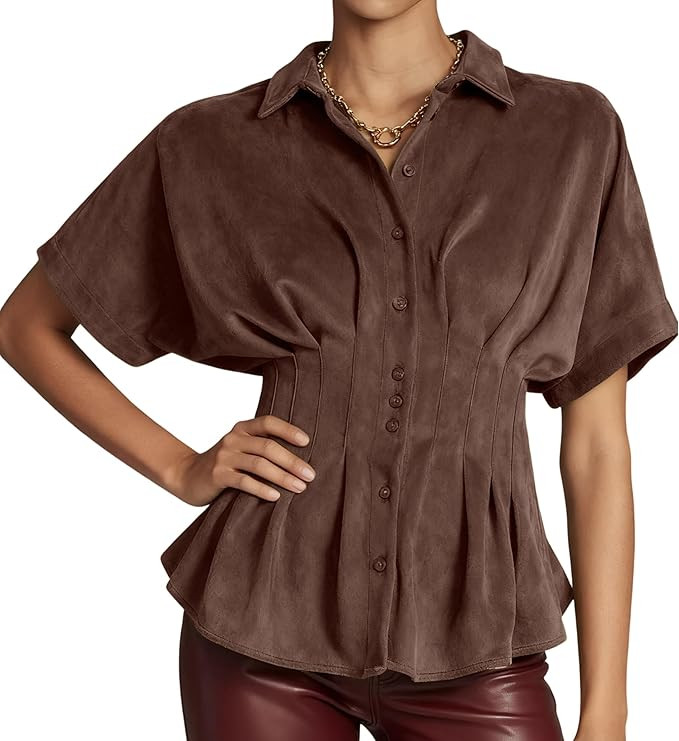 Women's Casual Faux Suede Shirt Short Sleeves Blouse Button Down Peplum Tops | Amazon (US)