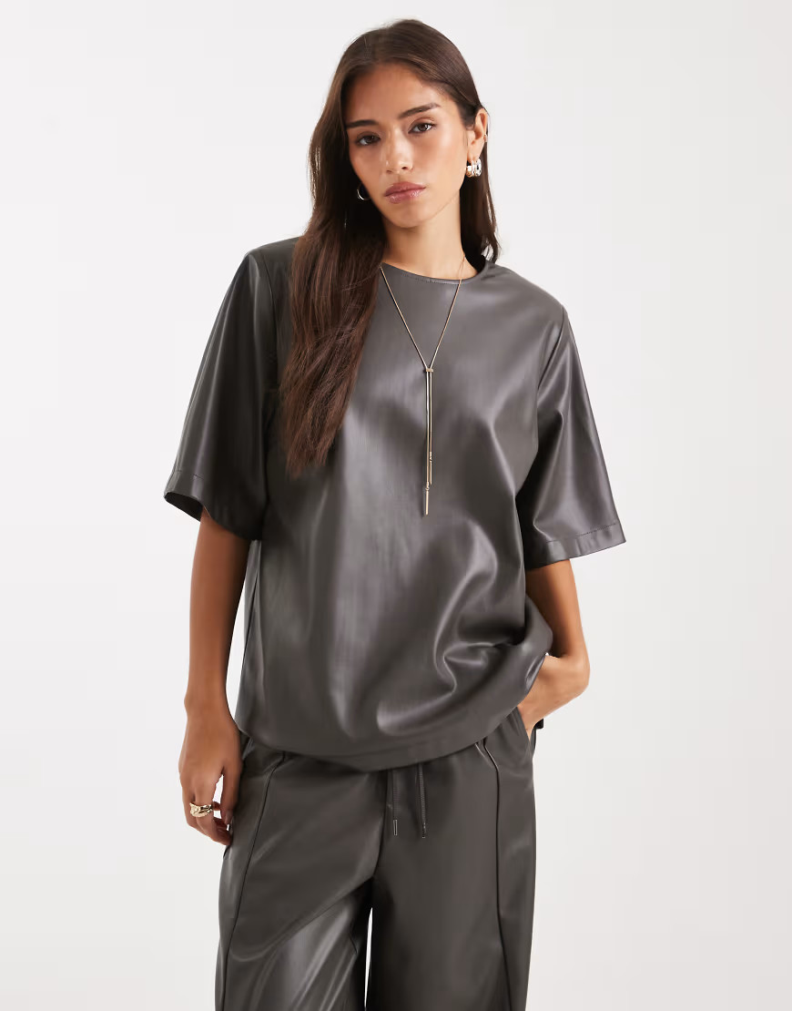 ASOS DESIGN faux leather oversized top in gray - part of a set | ASOS (Global)
