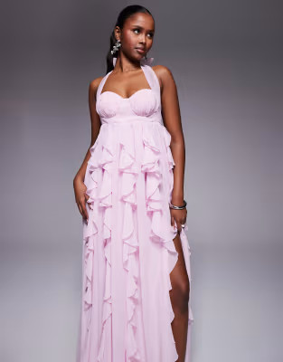 ASOS LUXE halter maxi dress with waterfall ruffles in lilac | ASOS (Global)