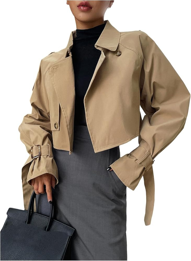 Floerns Women's Double Breasted Buckle Lapel Long Sleeve Cropped Trench Jacket | Amazon (US)