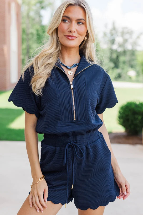 Off Duty Darling Navy Scalloped Romper | The Mint Julep Boutique