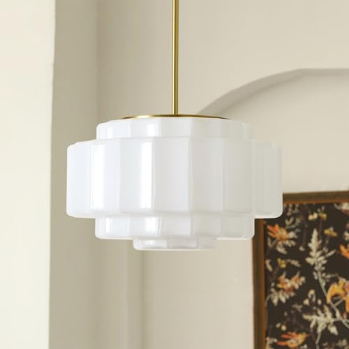 ateasehomelife Modern Geometric Chandelier - Milk Glass Pendant Light with Brushed Brass Rod, Vintage Pendant Light for Dining Room, Living Room, Bedroom(Small) | Amazon (US)