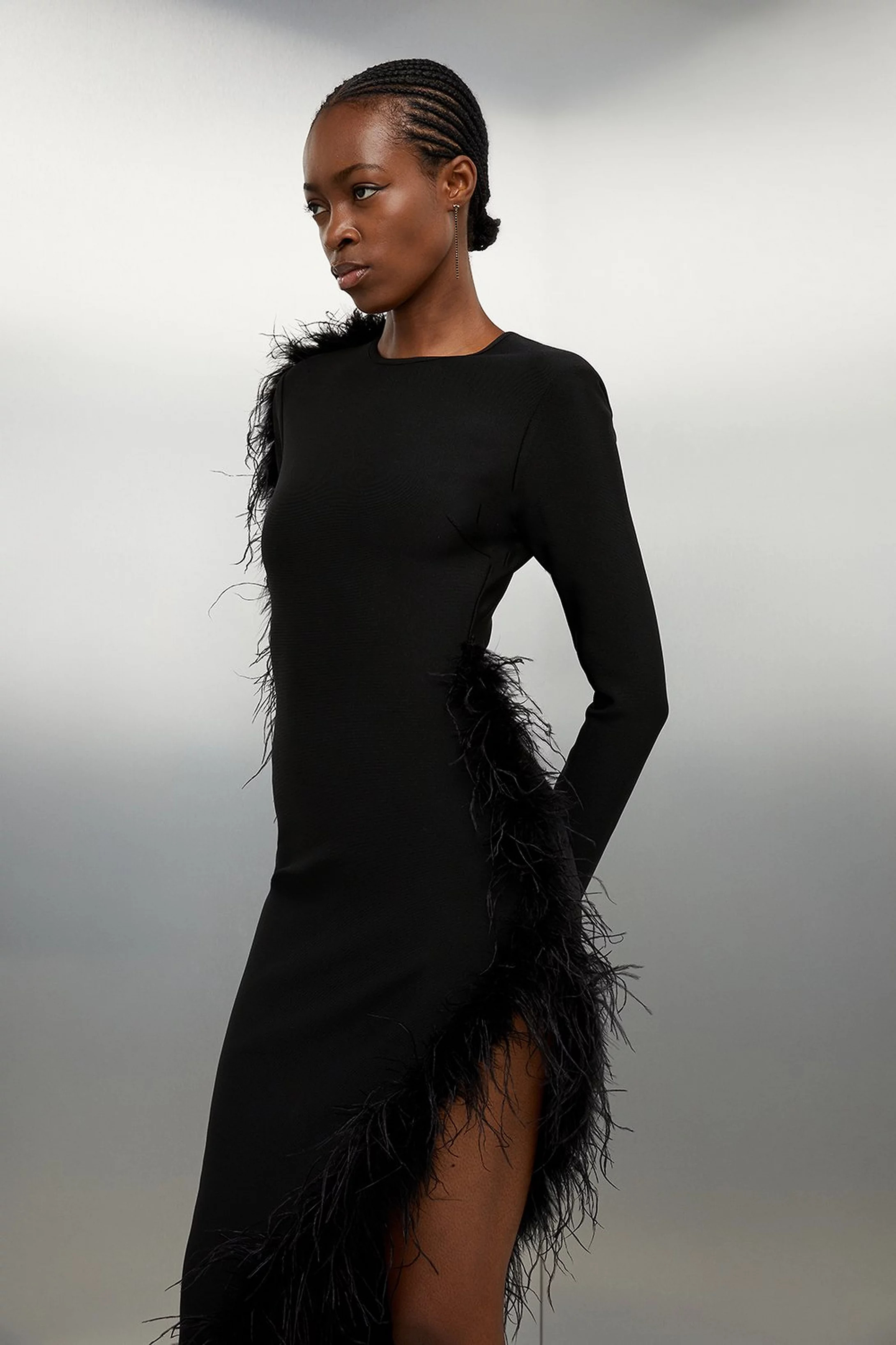 Figure Form Bandage Knit Split Feather Hem Midi Dress | Karen Millen UK + IE + DE + NL