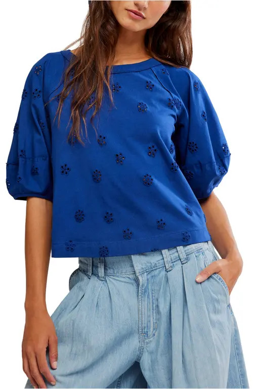 Free People Jessie Eyelet Puff Sleeve Top in Navy Combo at Nordstrom, Size Large | Nordstrom