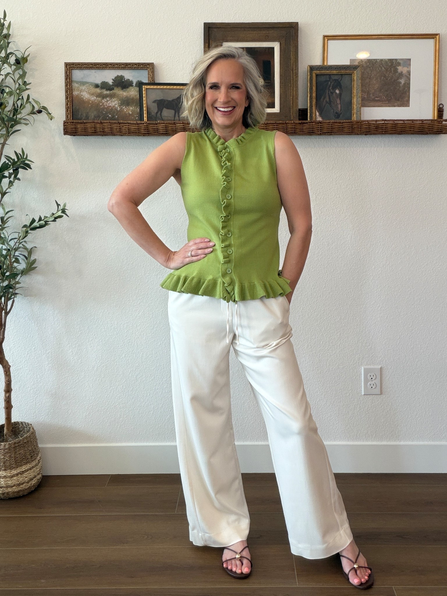 No tuck top for summer!
Wearing a small 

Ruffle top, wide leg, white denim, affordable style, midlife fashion, over 50, beach, vacation outfit, sandal

#LTKootd #LTKOver40 #LTKTravel