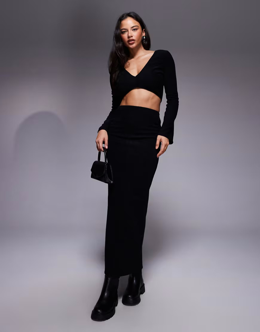 ASOS DESIGN brushed rib knit column maxi skirt in black - part of a set | ASOS (Global)