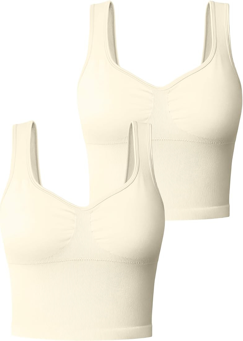Women' 2 Piece Tank Tops Seamless Workout Exercise Shirts Padded Sports Bra Yoga Crop Tops | Amazon (US)
