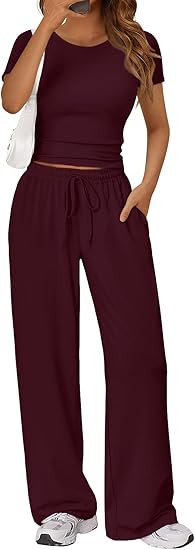 Trendy Queen 2 Piece Matching Summer Sweatsuit Lounge Set Womens Wide Leg Pants Side Ruching Crop... | Amazon (US)