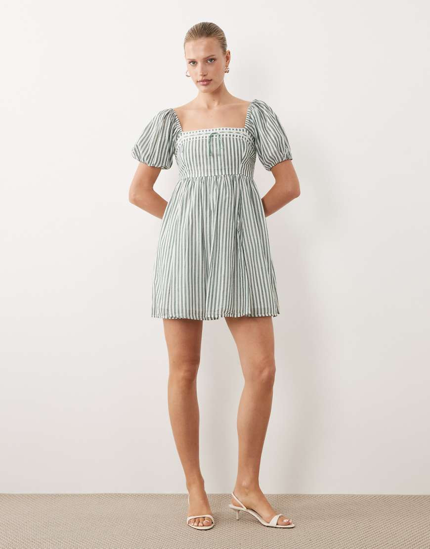 Abercrombie & Fitch puff sleeve babydoll mini dress in green stripes | ASOS (Global)