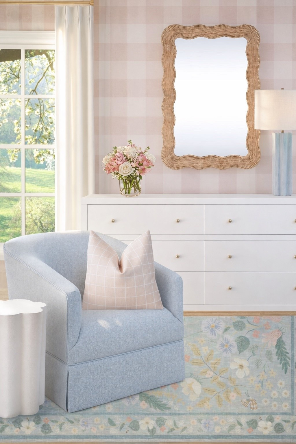 Cozy pink and blue sitting corner 

#bedroom #wallpaper #homedecor #homefinds 

#LTKKids #LTKmomlife #LTKHome