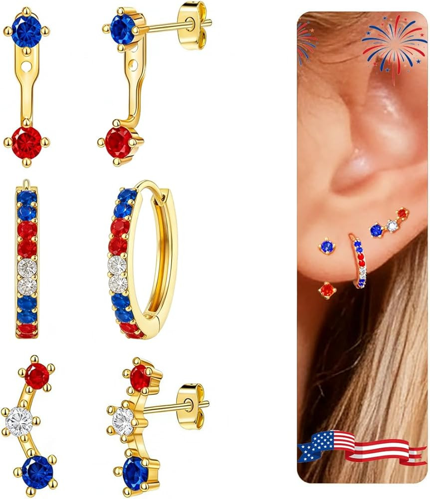 Nanafast 14K Gold Stud Earrings Set for Women Huggie Hoop Studs Rhinestone Inlay Stacks Cute Cart... | Amazon (US)