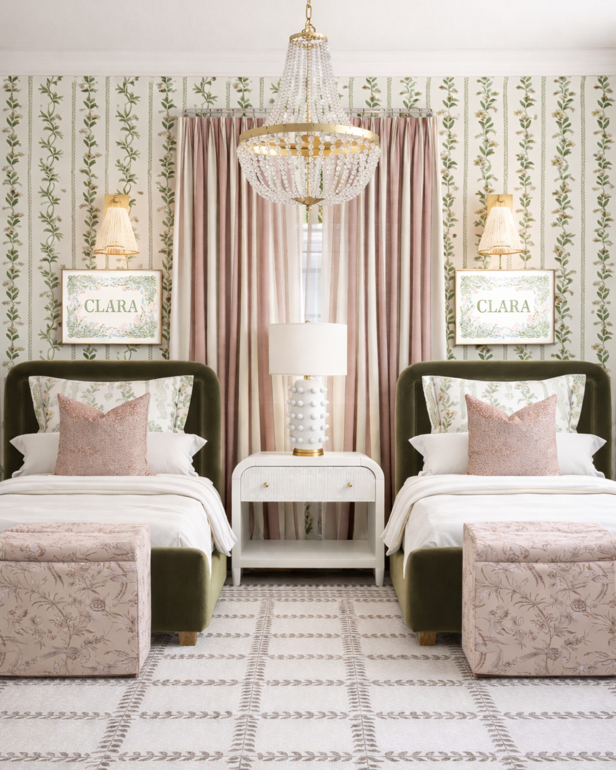 Twin beds, but make it feel elevated ✨💕

Designed for one space, this layout is perfect for sleepovers, shared moments, or just creating a room that feels layered and complete

The green velvet, soft blush tones, and classic details give it that timeless, designer look that still feels warm and livable

I linked everything to recreate this space — from the beds to the lighting, rug, and accents

twin bed room ideas, girls bedroom design, green velvet bed, blush decor, classic bedroom, symmetrical bedroom, chandelier bedroom, neutral rug 

 #LTKHome