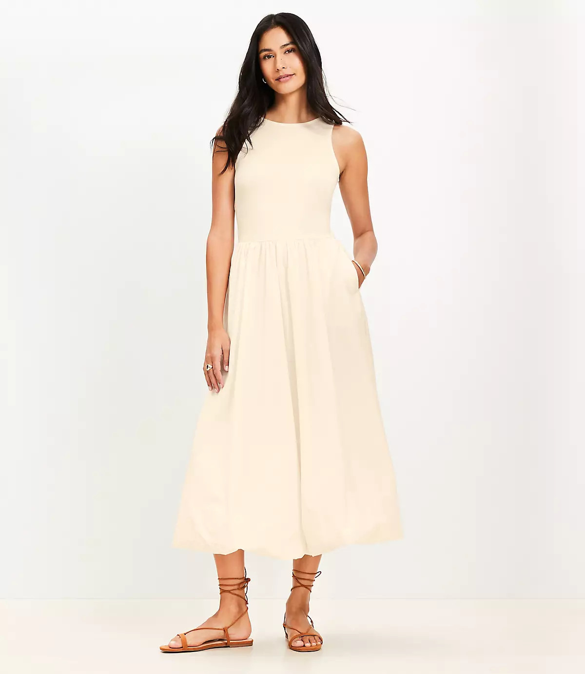 Poplin Bubble Mixed Media Midi Dress | LOFT