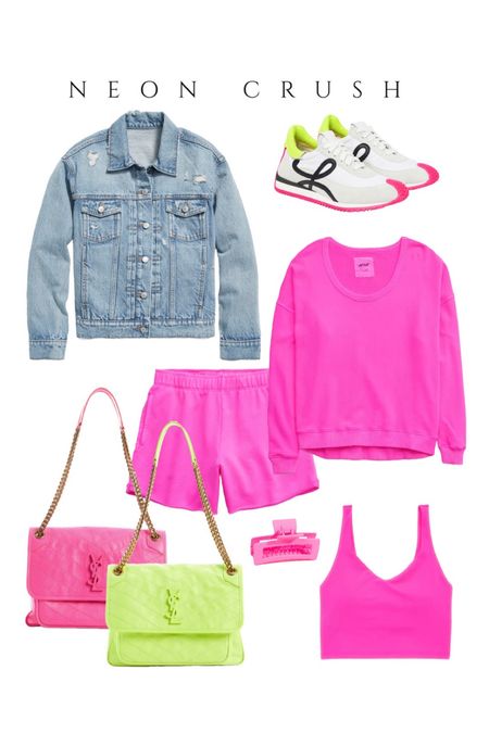 Neon activewear, distressed denim jacket under $50 , athleisure travel causal outfits neon pink neon green loverly Loewe sneakers, loungewear aerie new arrivals yal bag saint Laurent 

#LTKsalealert #LTKstyletip #LTKunder50