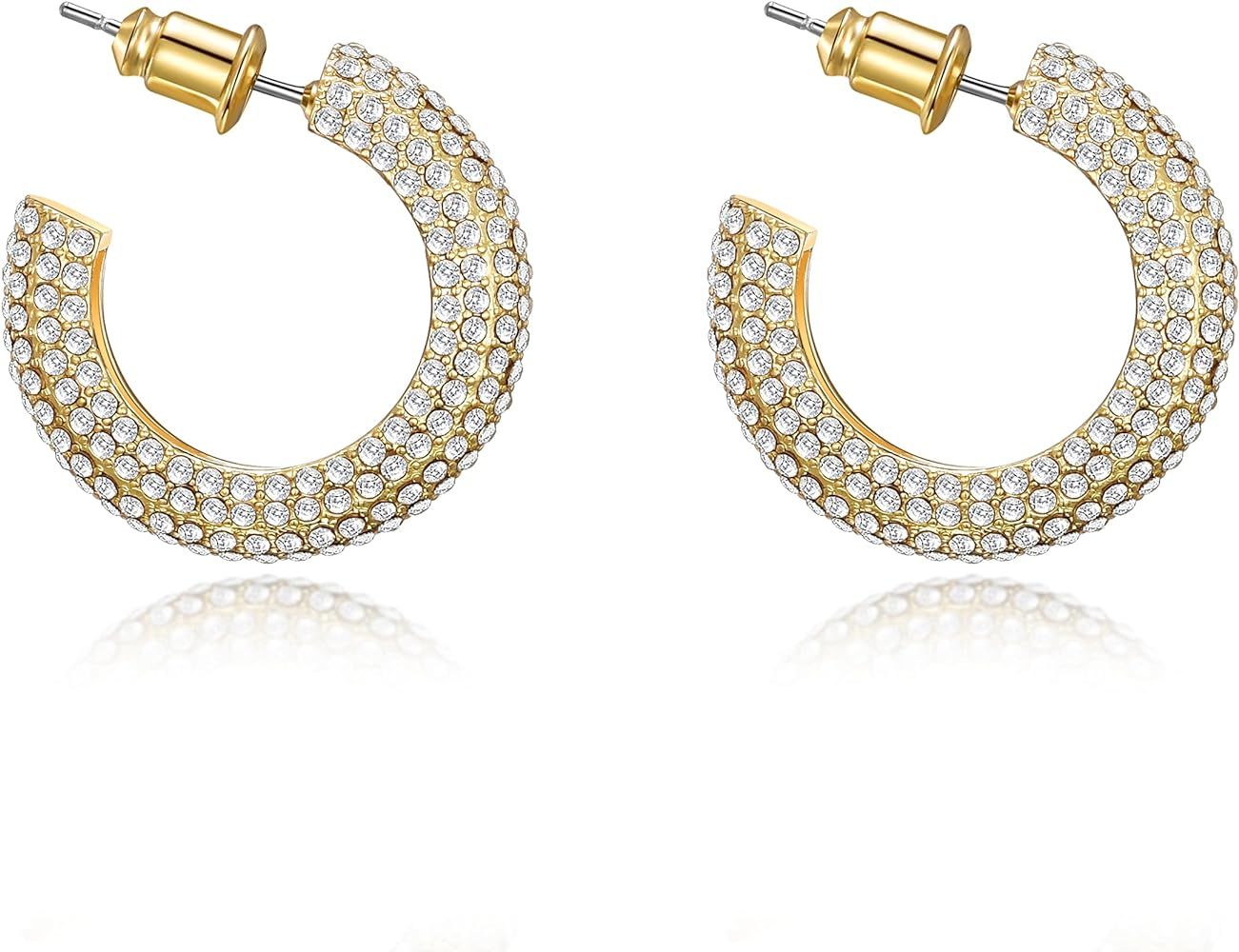 WOWORAMA Chunky Open Hoop Earrings for Women Gold Pave CZ Chunky Hoops Sparkly Crystal C Shaped R... | Amazon (US)