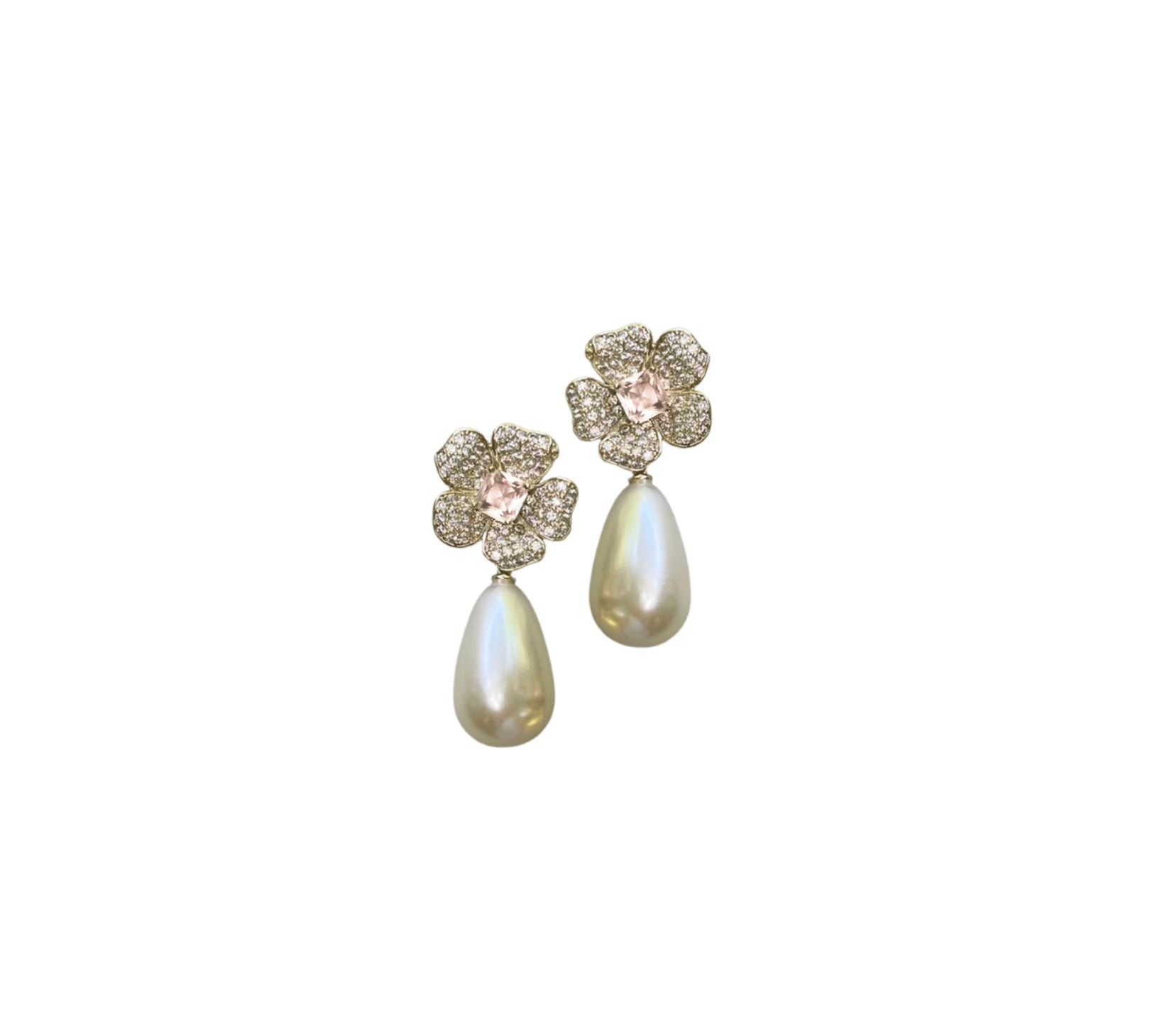 Chelsea Garden Petal Pink Flower + pearly teardrop | Nicola Bathie Jewelry