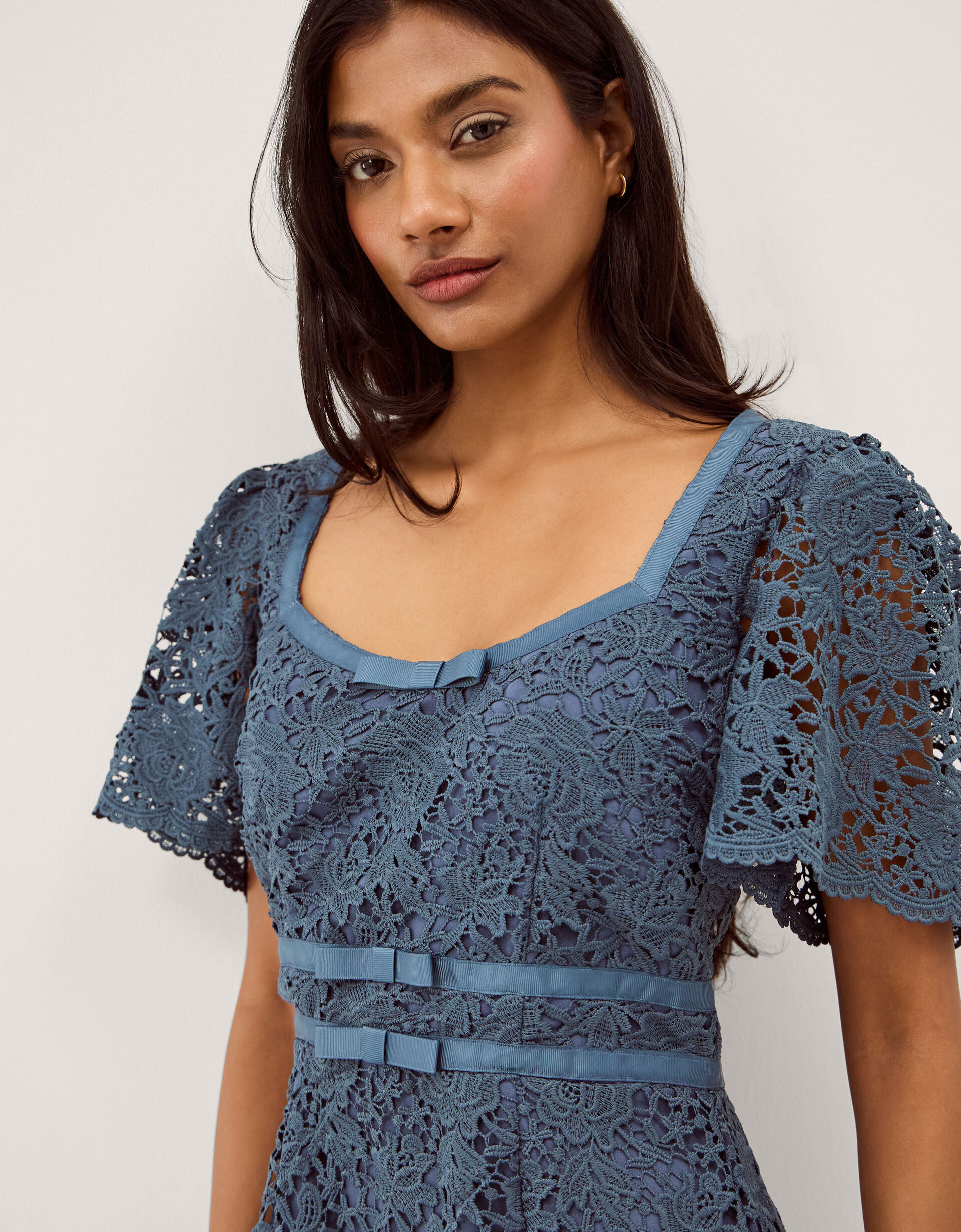 Regina Short Sleeve Lace Midi Dress Blue | Monsoon (UK)