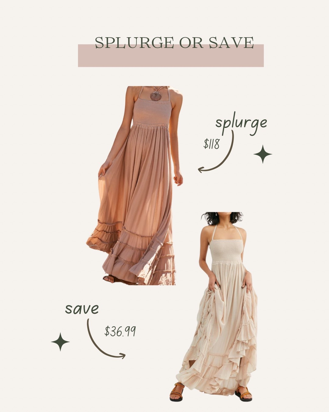 Splurge or save. Free people vs. Amazon. The free people lists the color as taupe and Amazon is beige. I’ve seen both at sessions and the free people is so good, but the dupe photographs just as nice! 

#LTKFindsUnder50
