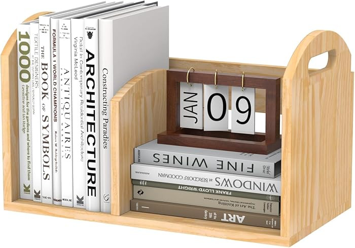 100% Solid Wood Adjustable Desktop Bookshelf, Retro Tabletop Book Shelf File Holder, Vertical Boo... | Amazon (US)
