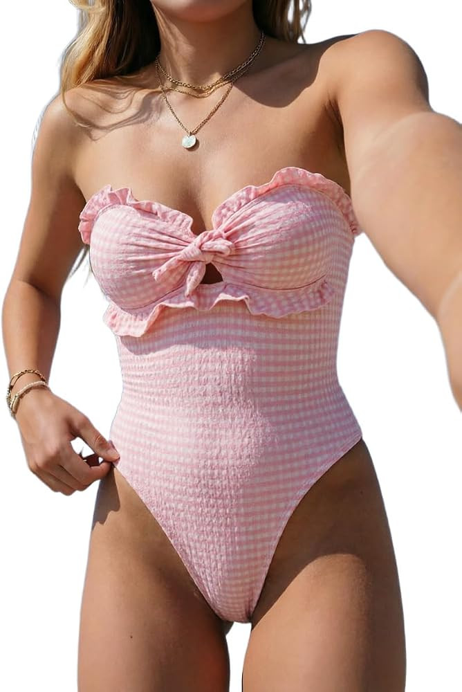 GORGLITTER Women's Cutout Tie Knot Bandeau One Piece Swimsuits Gingham Ruffle Trim Sleeveless Str... | Amazon (US)