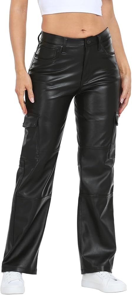 HDE Women's Faux Leather Cargo Pants with Pockets High Waisted Y2K Relaxed Pant | Amazon (US)