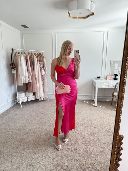 Silk dress would be a cute Valentine’s Day option! Wearing a size 6. Use code STRAWBERRYCHIC for 20% off at petal and pup! 

Midi slip dress
Acrylic box clutch
Embellished heels