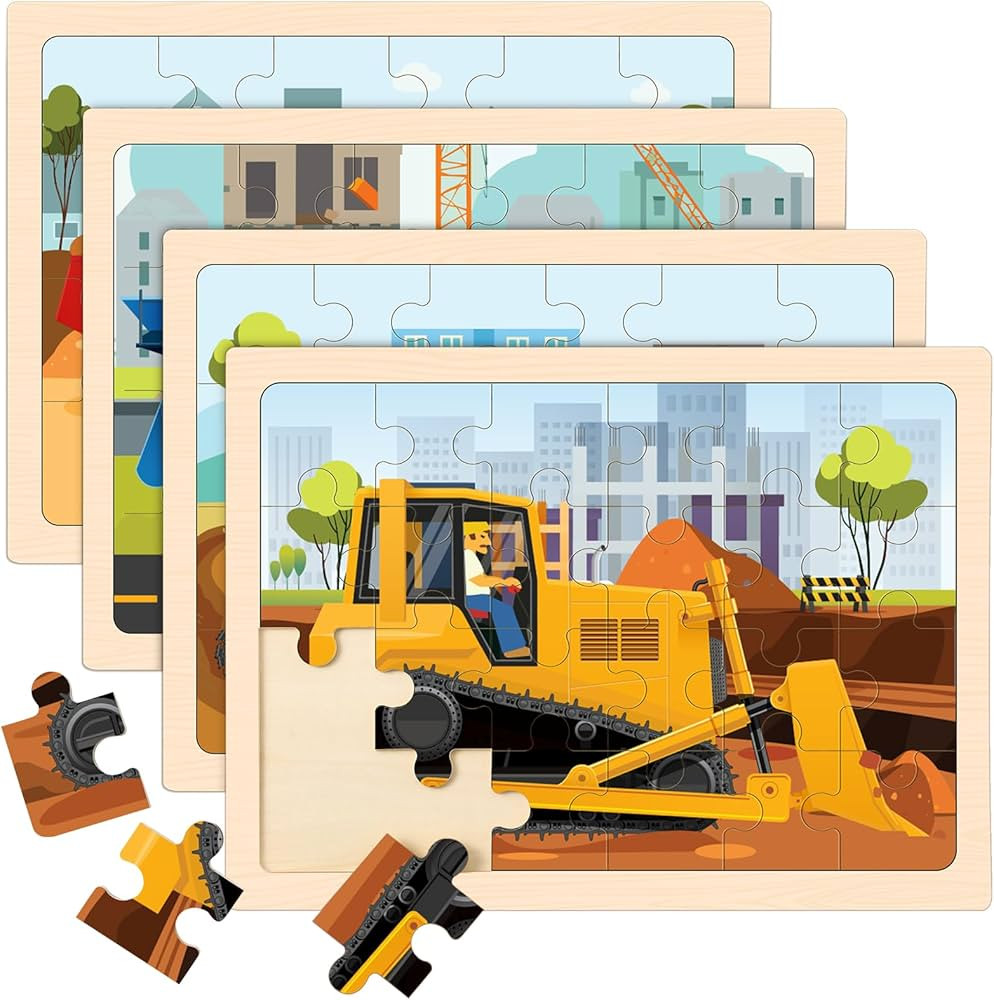 Wooden Puzzles for Kids Ages 4-6, 4 Packs 24 PCS Construction Vehicle Jigsaw Puzzles for Kids Age... | Amazon (US)