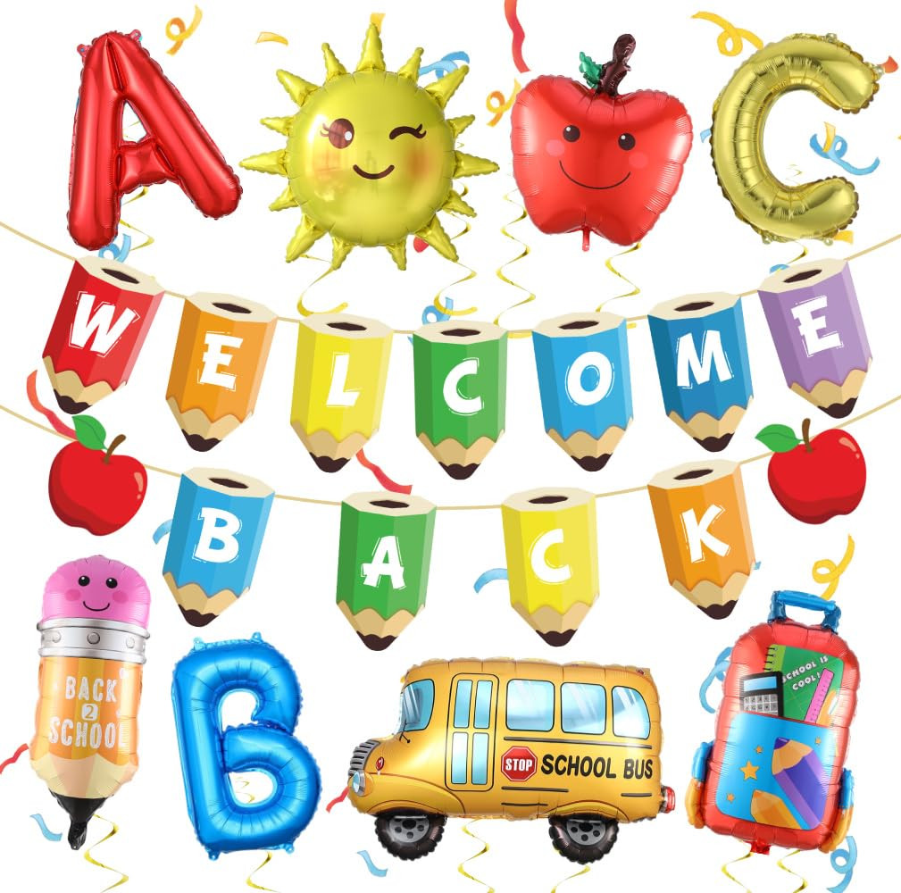 Back to School Party Decorations, Welcome Back Banner School Bus Schoolbag Letter ABC Apples Foil... | Amazon (US)