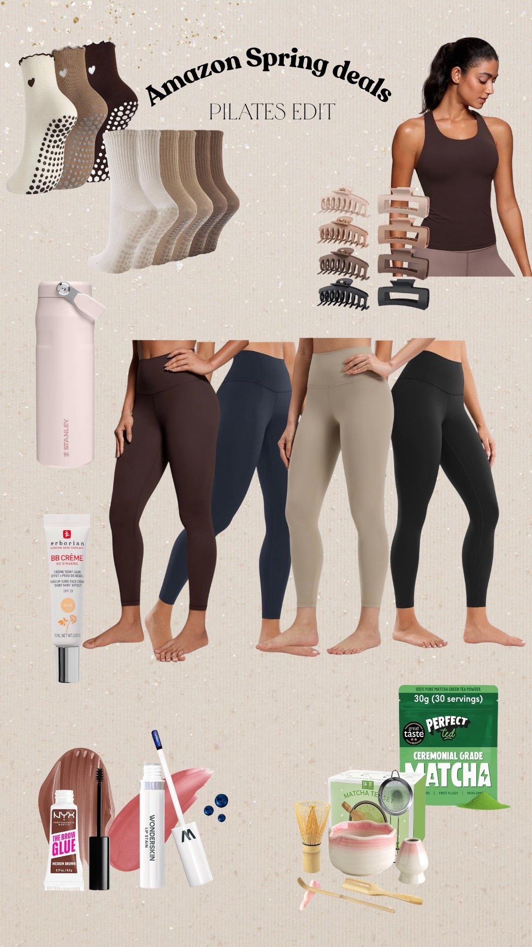 Amazon spring deals Pilates edit. Buttery soft leggings with matching top (built in bra) matcha , Stanley cup, Pilates stop, make up essentials , claw clips and Pilates socks 

#LTKuk #LTKgiftguide #LTKfitness