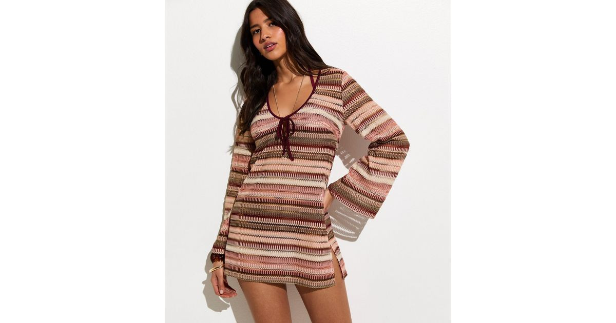 Pink Stripes Crochet Kaftan Beach Mini Dress | New Look | New Look (UK)