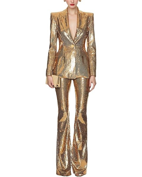 Sequin Suits for Women 2 Piece V Neck Womens Suit Glitter Sparkly 1 Button Womens Tuxedo Suit Set... | Amazon (US)
