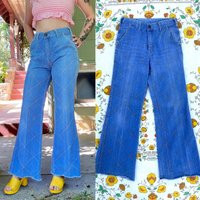 1970S Epic Windowpane Jeans Bell Bottoms Denim Patchwork By High Gear Light Mid Wash | Etsy (US)
