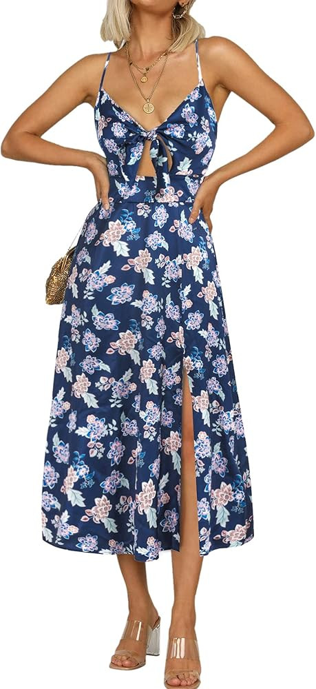 Fashionme Women Spaghetti Strap Midi Satin Dresses Tie Front Backless Split Hollow Dress | Amazon (US)