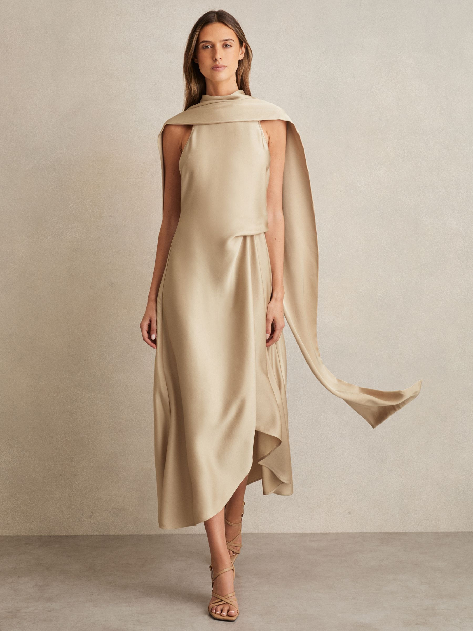 Reiss Satin Tuck-Detail Cape Midi Dress in Champagne Neutral | REISS | Reiss US