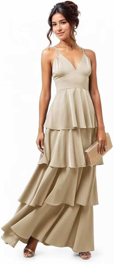 Spaghetti Straps V-Neck Bridesmaid Dresses for Wedding Ruffle Pleated Satin Tiered Formal Party E... | Amazon (US)