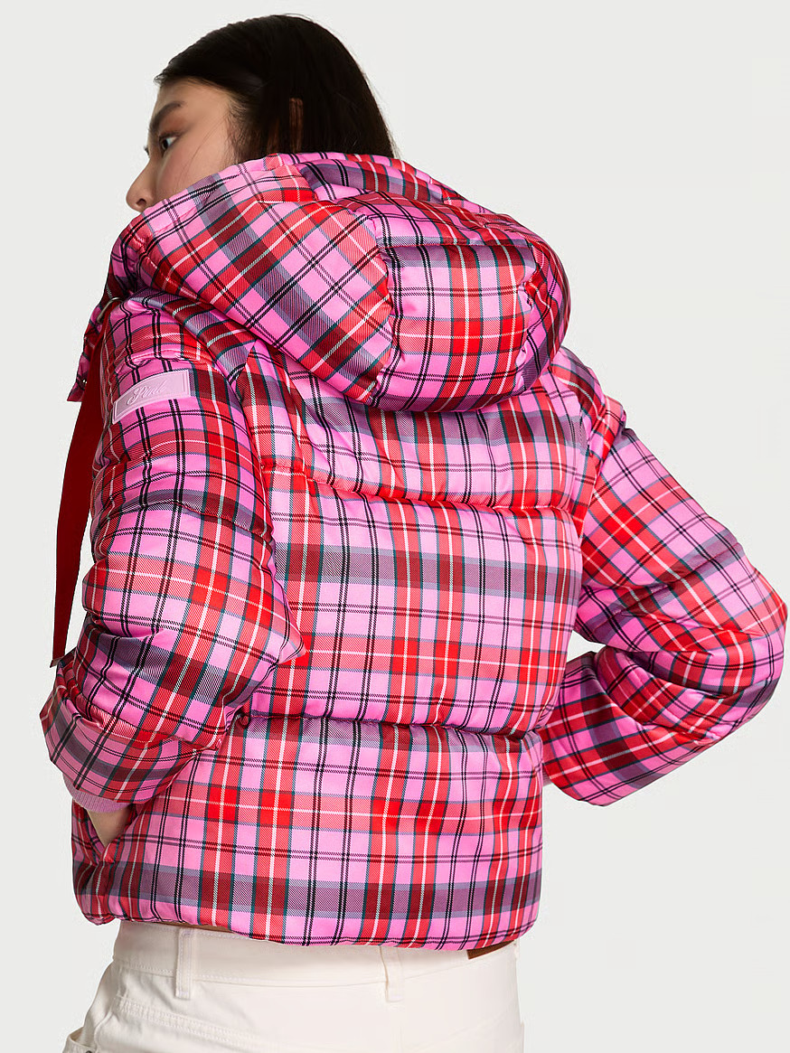Buy Marshmallow Cropped Puﬀer Jacket, Bright Vermillion And Pink Tulip Plaid - Order Jackets & ... | Victoria's Secret (US / CA )