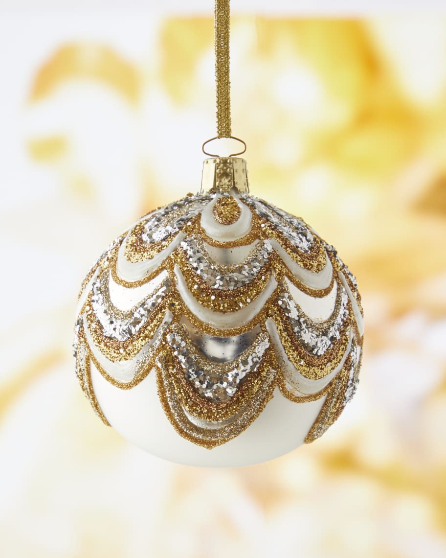 Neiman Marcus White & Gold Shiny Glitter Christmas Ornament | Horchow
